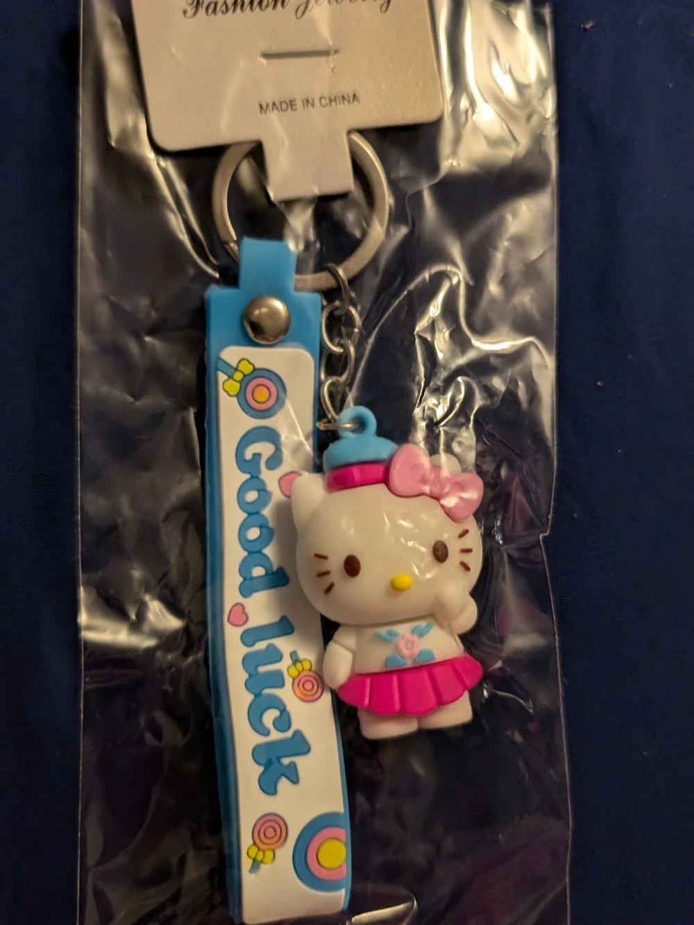 Hello Kitty Style Pink & White Keychain with Blue Strap - Kids Accessories